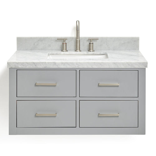 Front view of a 37-inch modern gray solid wood bathroom vanity with a white marble stone countertop and short backsplash, undermount rectangular white ceramic sink, brushed nickel faucet, and four drawers with brushed nickel T-bar pulls.