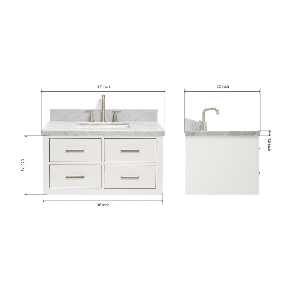 Front and side views of a 37-inch modern solid wood bathroom vanity with stone countertop and integrated rectangular sink, brushed-nickel faucet and four-drawer white cabinet; dimensions marked.