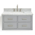 Front view of a 37-inch modern gray solid wood bathroom vanity with a white marble stone countertop and short backsplash, undermount rectangular white ceramic sink, brushed nickel faucet, and four drawers with brushed nickel T-bar pulls.