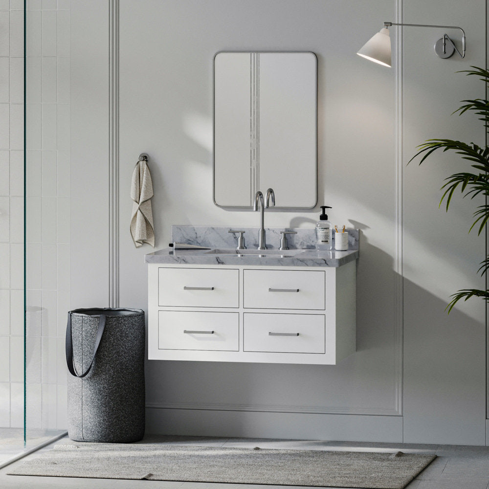 37-inch modern solid-wood floating bathroom vanity with gray stone countertop, single ceramic sink, four soft-close drawers and brushed nickel hardware.