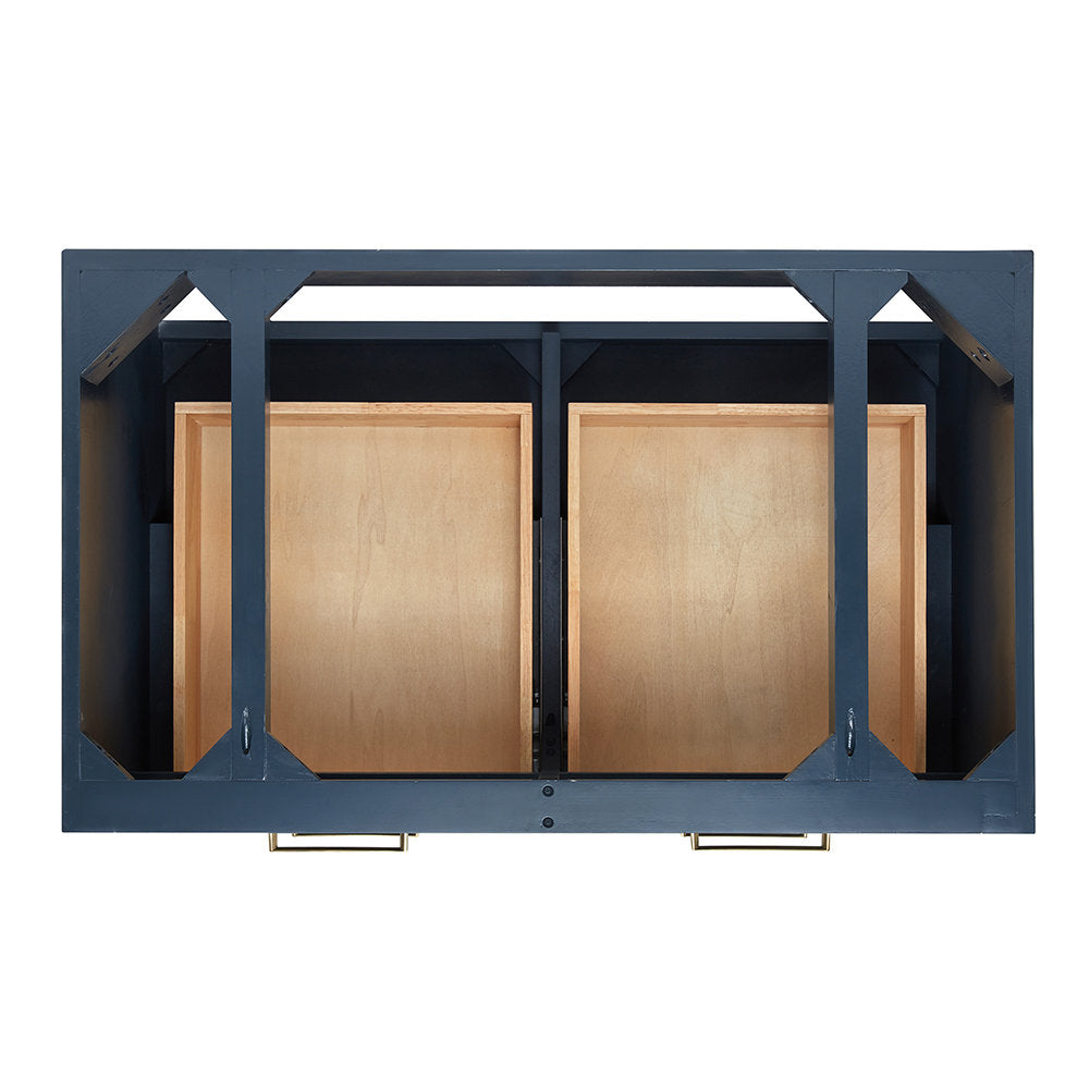 Top-down view of a modern stone-colored solid wood bathroom vanity frame revealing internal supports, two natural wood drawer boxes and visible brass-finish drawer pulls.