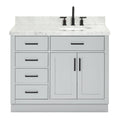 Front view of a 43-inch stone-colored solid wood bathroom vanity with a white stone top and undermount ceramic sink, matte black faucet and matching black bar handles, four left drawers and a double-door cabinet on the right.