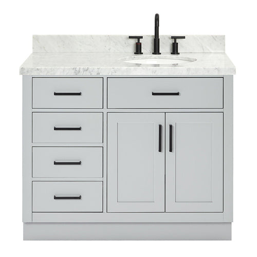 Front view of a 43-inch stone-colored solid wood bathroom vanity with a white stone top and undermount ceramic sink, matte black faucet and matching black bar handles, four left drawers and a double-door cabinet on the right.