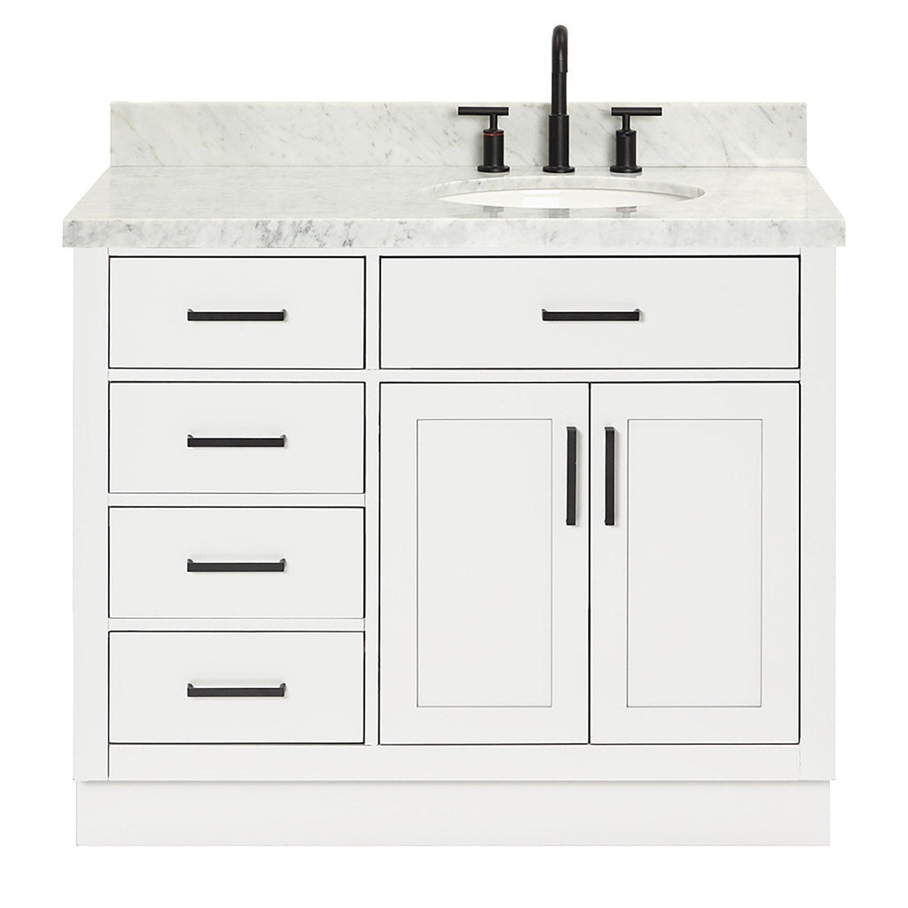 White solid-wood 43-inch freestanding bathroom vanity with a stone countertop, oval undermount ceramic sink, matte black widespread faucet, black bar pulls, left stacked drawers and right double-door cabinet.