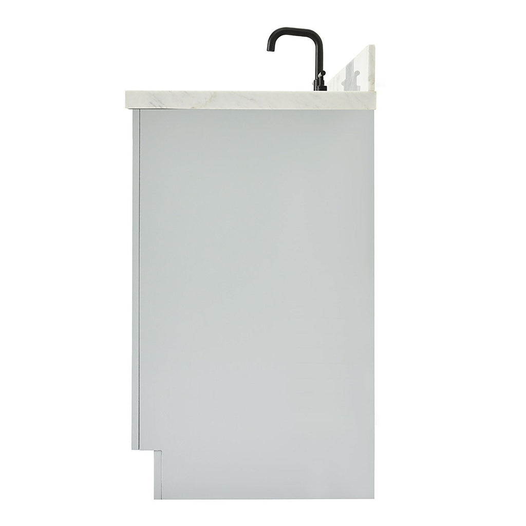 Side profile of a modern 43-inch stone-colored solid wood bathroom vanity showing a white stone countertop with a black faucet at the rear and a recessed base for freestanding installation.