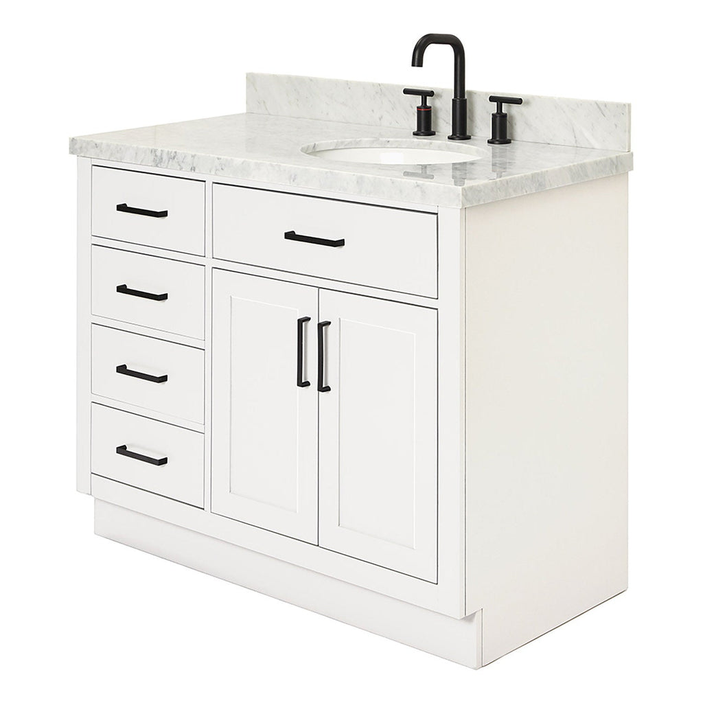 43-inch freestanding solid wood bathroom vanity in white with a stone marble-look countertop, undermount ceramic sink, matte black faucet and black handles, five side drawers and a two-door cabinet for storage.