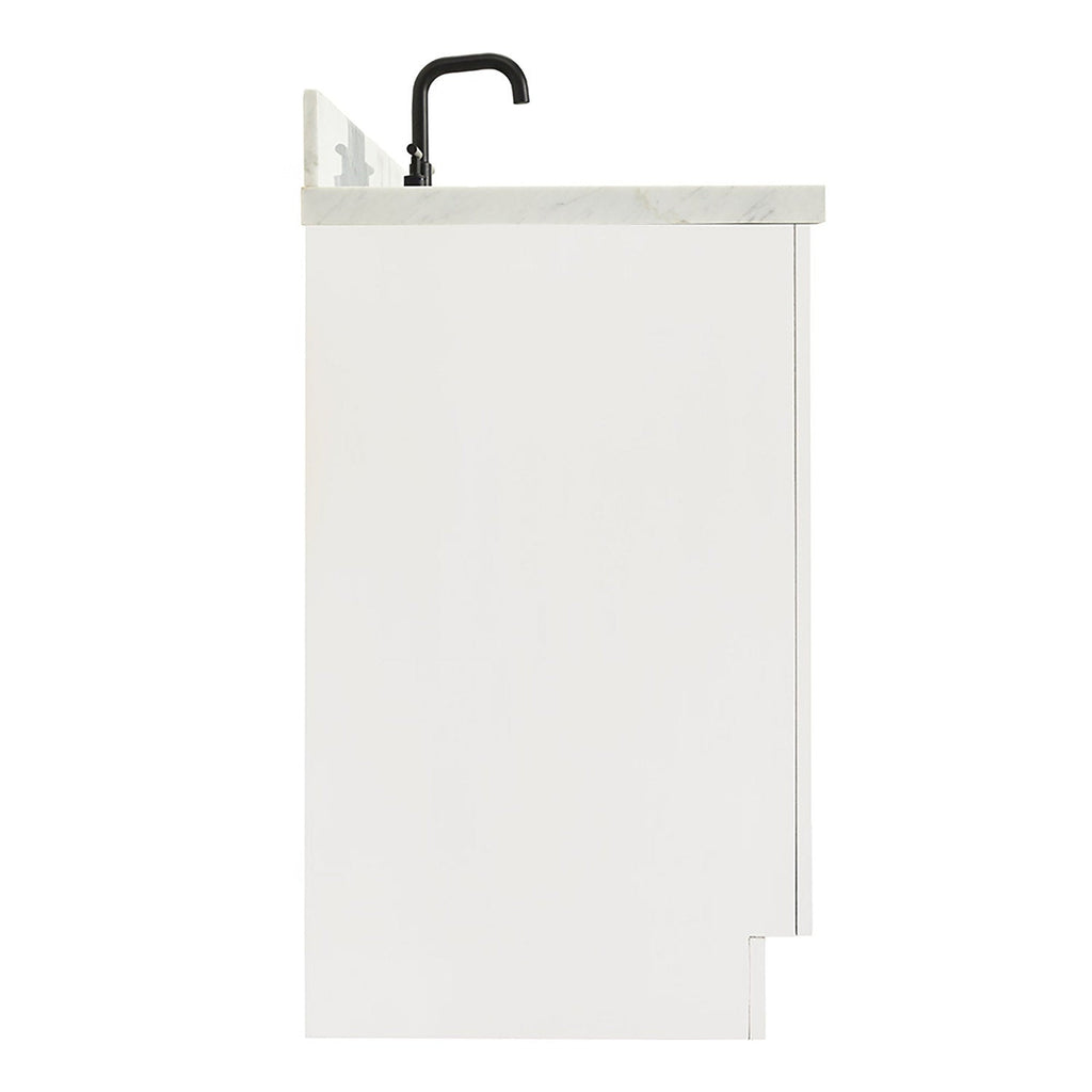 Side view of a 43-inch modern solid wood bathroom vanity in stone finish, showing its stone countertop with short backsplash and a matte black single-handle faucet.