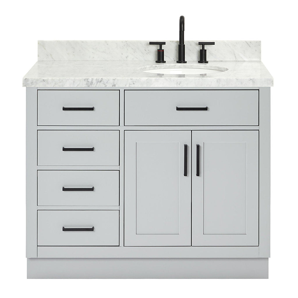 Front view of a 43-inch stone-colored solid wood bathroom vanity with a white stone top and undermount ceramic sink, matte black faucet and matching black bar handles, four left drawers and a double-door cabinet on the right.
