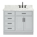 Front view of a 43-inch stone-colored solid wood bathroom vanity with a white stone top and undermount ceramic sink, matte black faucet and matching black bar handles, four left drawers and a double-door cabinet on the right.