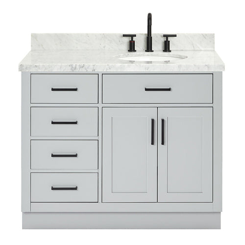 Front view of a 43-inch stone-colored solid wood bathroom vanity with a white stone top and undermount ceramic sink, matte black faucet and matching black bar handles, four left drawers and a double-door cabinet on the right.
