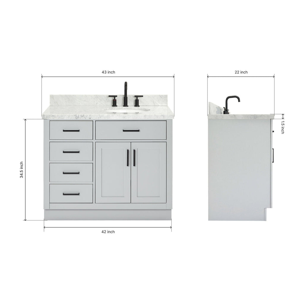 Front and side product image of a 43-inch solid wood bathroom vanity in stone-gray finish with a stone countertop and single undermount ceramic sink, matte black faucet and handles, five drawers and two doors with dimensions shown.