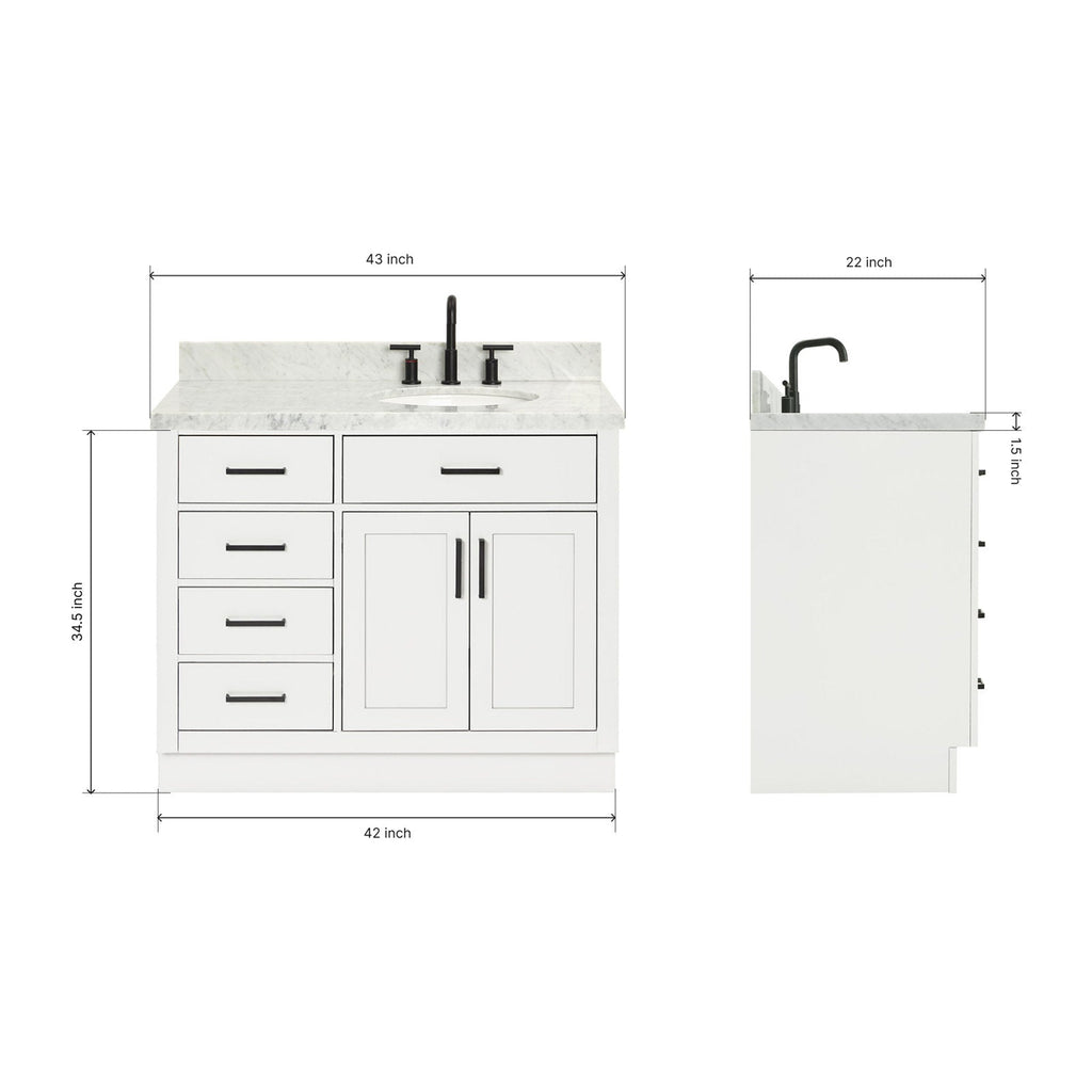 Front and side product views of a 43-inch modern solid wood bathroom vanity with a stone countertop, single undermount ceramic sink, white cabinet, black faucet and drawer pulls, shown with width/depth/height dimension lines.
