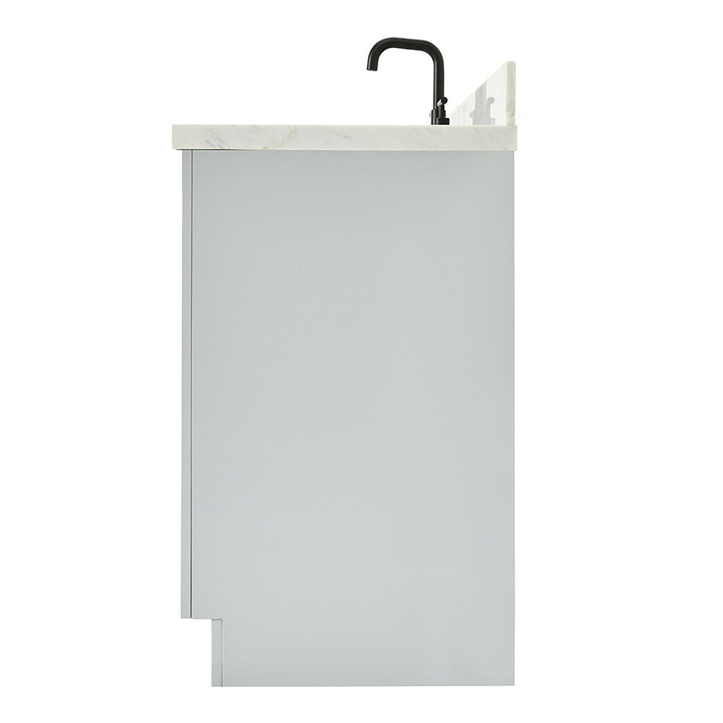 Side profile of a modern 43-inch stone-colored solid wood bathroom vanity showing a white stone countertop with a black faucet at the rear and a recessed base for freestanding installation.