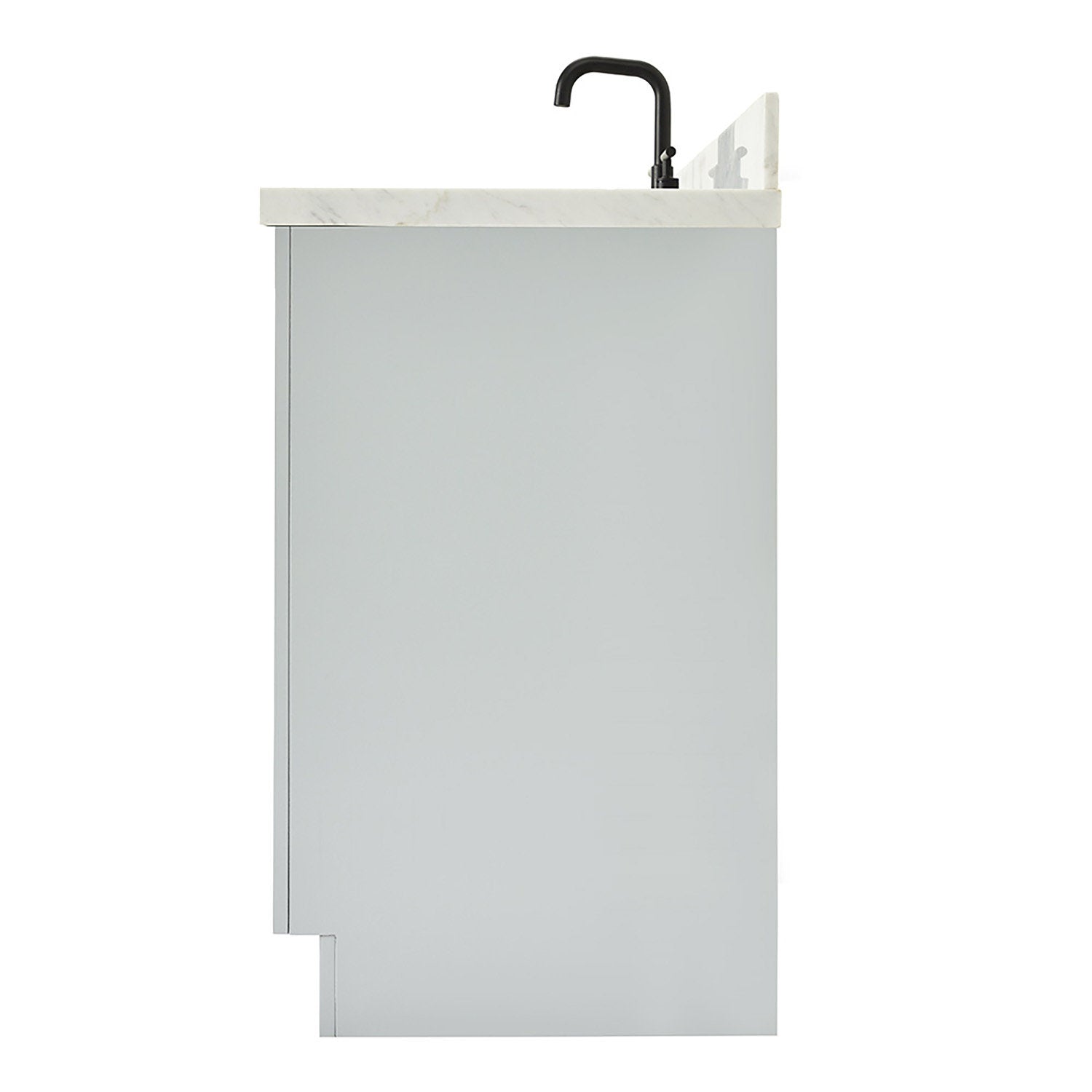 Side profile of a modern 43-inch stone-colored solid wood bathroom vanity showing a white stone countertop with a black faucet at the rear and a recessed base for freestanding installation.
