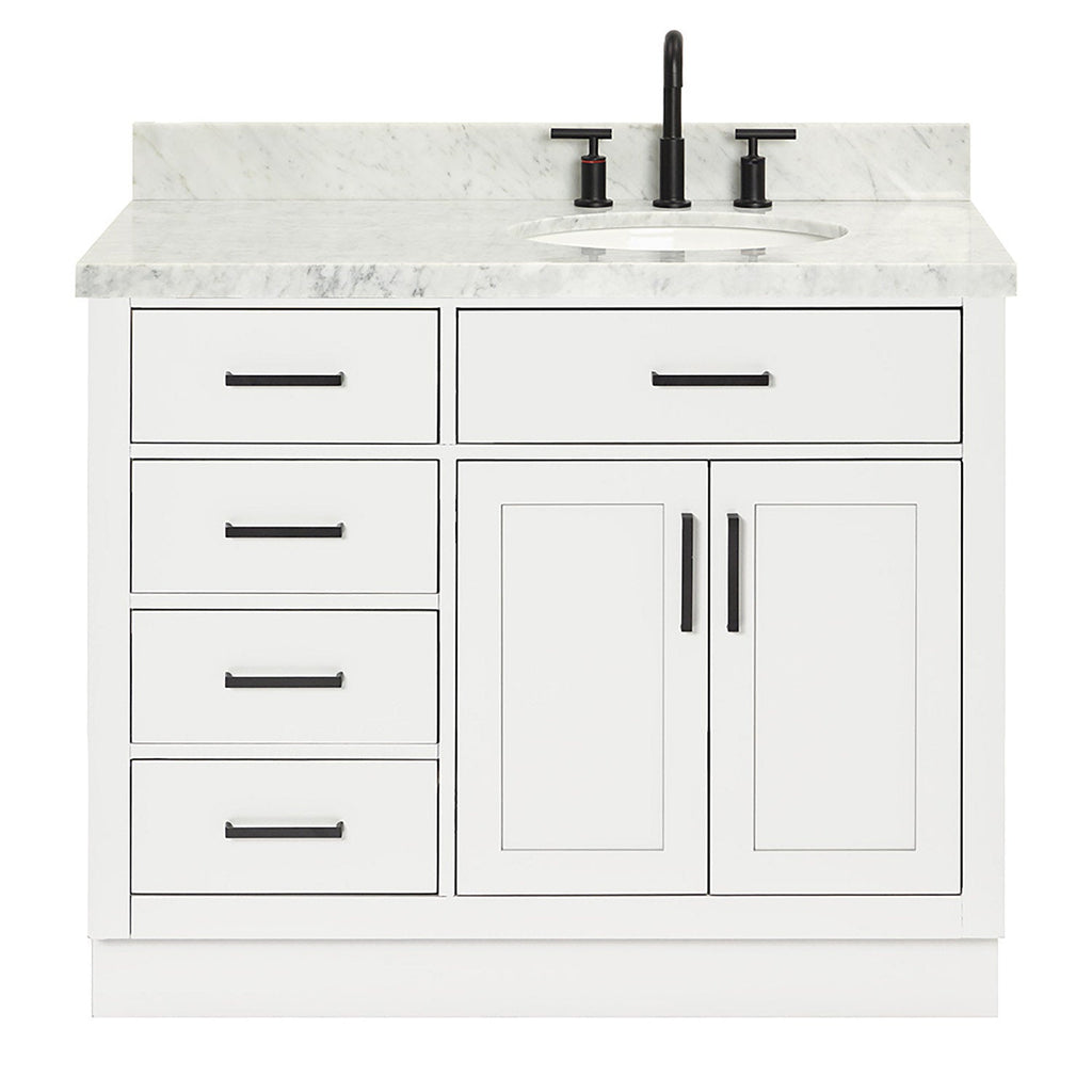White solid-wood 43-inch freestanding bathroom vanity with a stone countertop, oval undermount ceramic sink, matte black widespread faucet, black bar pulls, left stacked drawers and right double-door cabinet.
