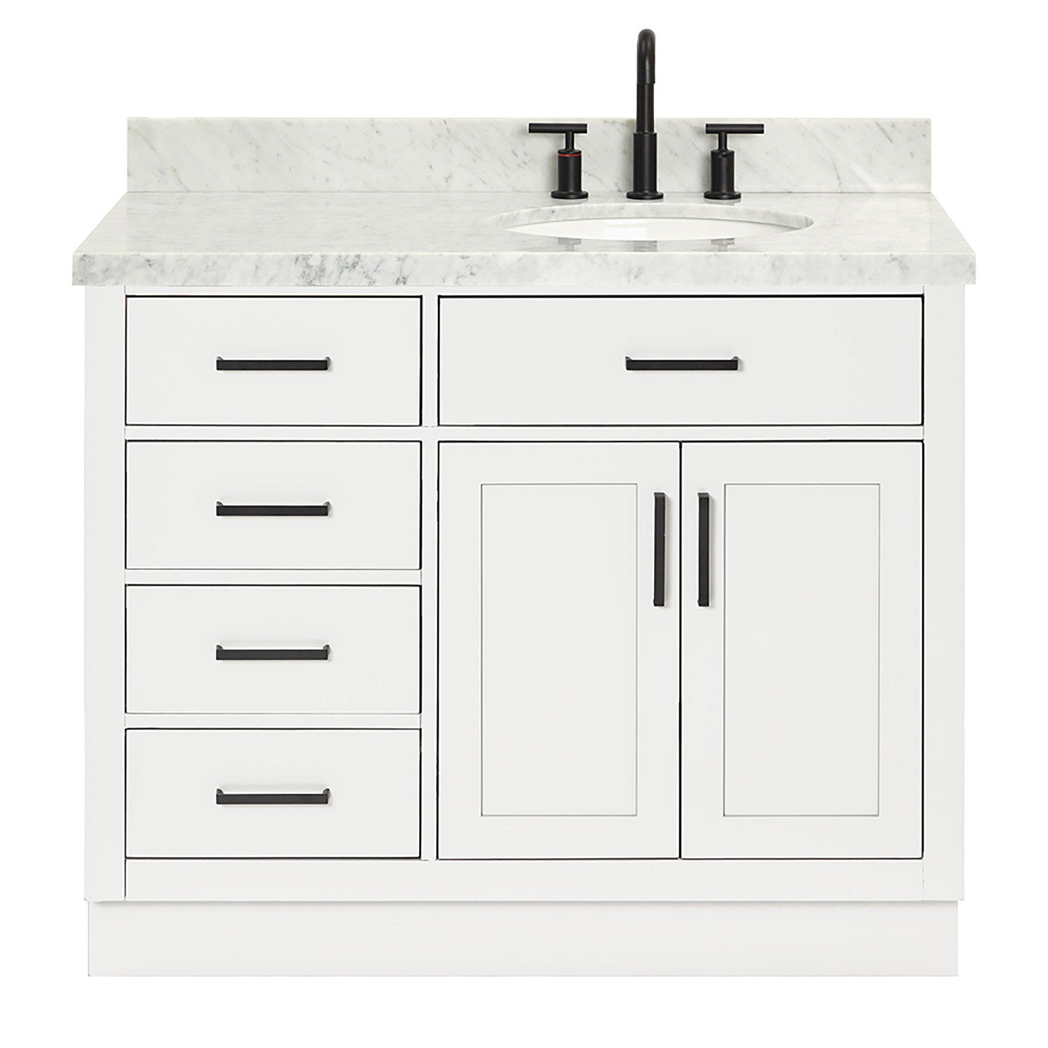 White solid-wood 43-inch freestanding bathroom vanity with a stone countertop, oval undermount ceramic sink, matte black widespread faucet, black bar pulls, left stacked drawers and right double-door cabinet.