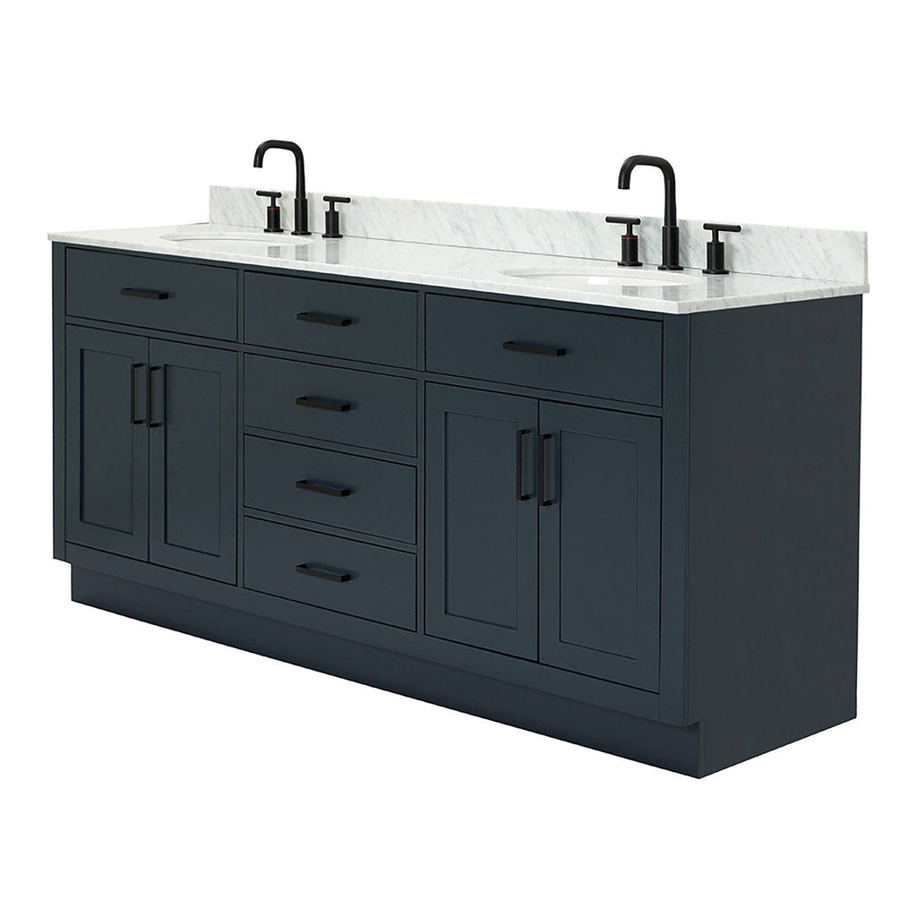 73-inch freestanding solid wood bathroom vanity in black with white quartz countertop and backsplash, two undermount sinks, matte black faucets, and multiple drawers and cabinet storage in a modern style.