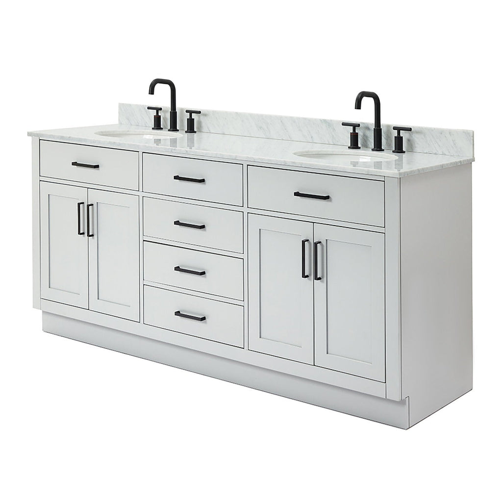 73-inch modern white solid wood double-sink bathroom vanity with white Giotto quartz countertop, two undermount ceramic sinks, and matte black faucets with matching black drawer and door pulls.