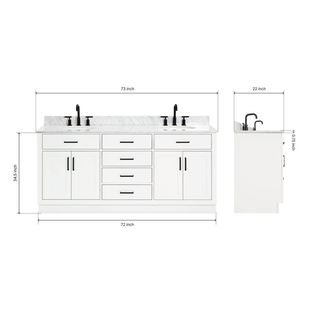 Front and side views of a 73-inch white solid wood bathroom vanity with Giotto quartz countertop, two matte-black faucets, undermount ceramic sinks, black bar handles and labeled width, depth and height dimensions.
