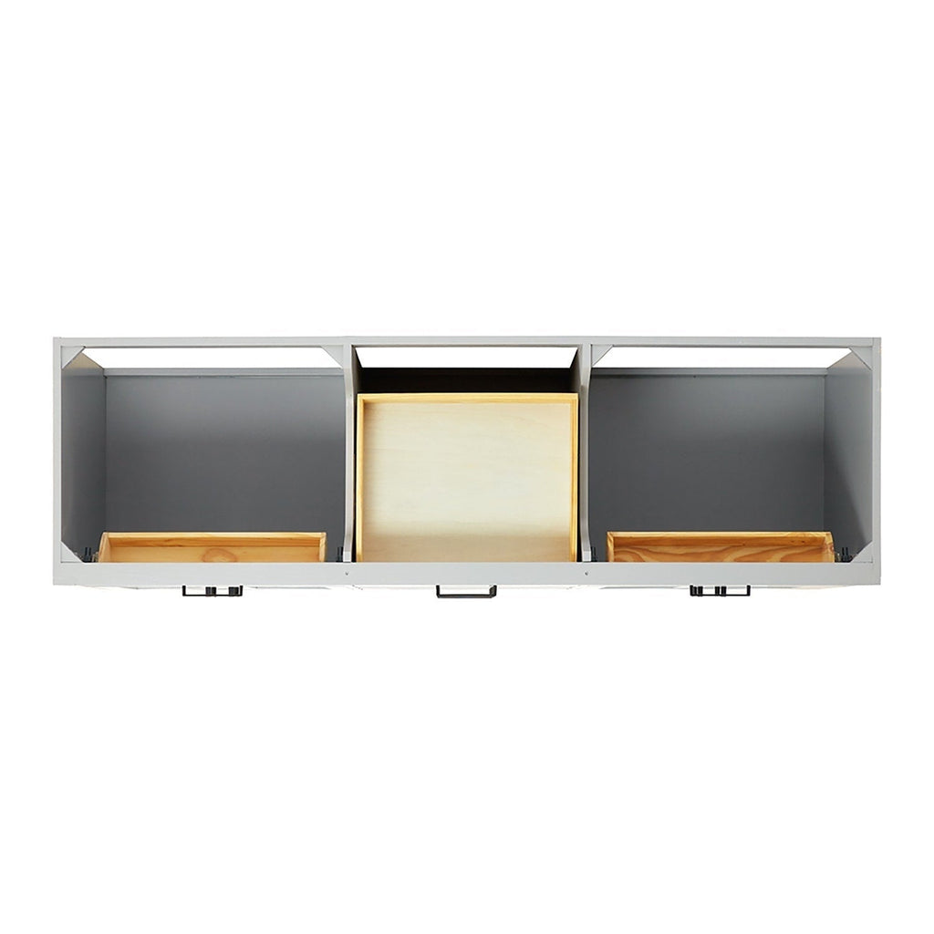 Front view of a 73-inch matte black modern bathroom vanity interior showing three open compartments with light wooden drawer boxes, gray backing panels and a centered black metal pull handle.