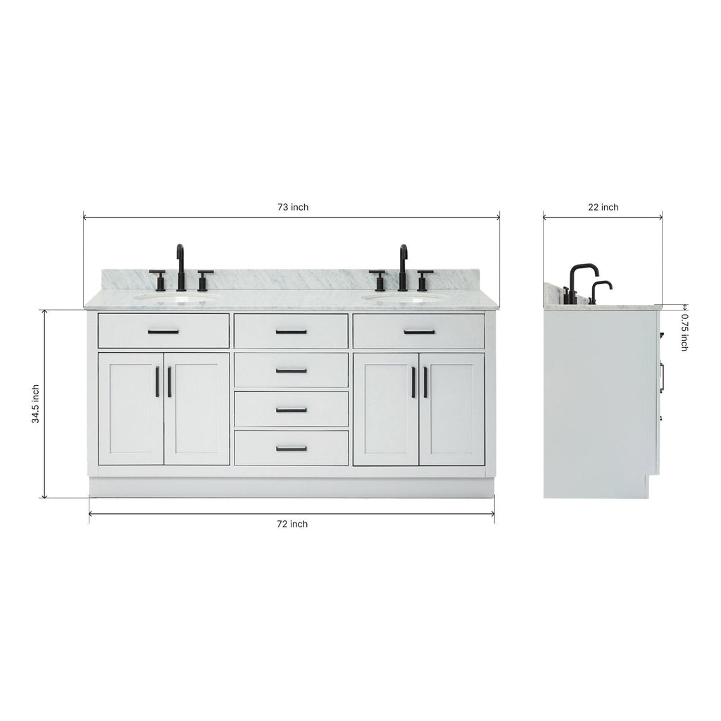 Front and side diagram of a 73-inch modern solid wood double-sink bathroom vanity with Giotto quartz countertop, light gray finish and matte-black faucets and hardware, showing dimension callouts: 73 in wide, 22 in deep, 34.5 in high.