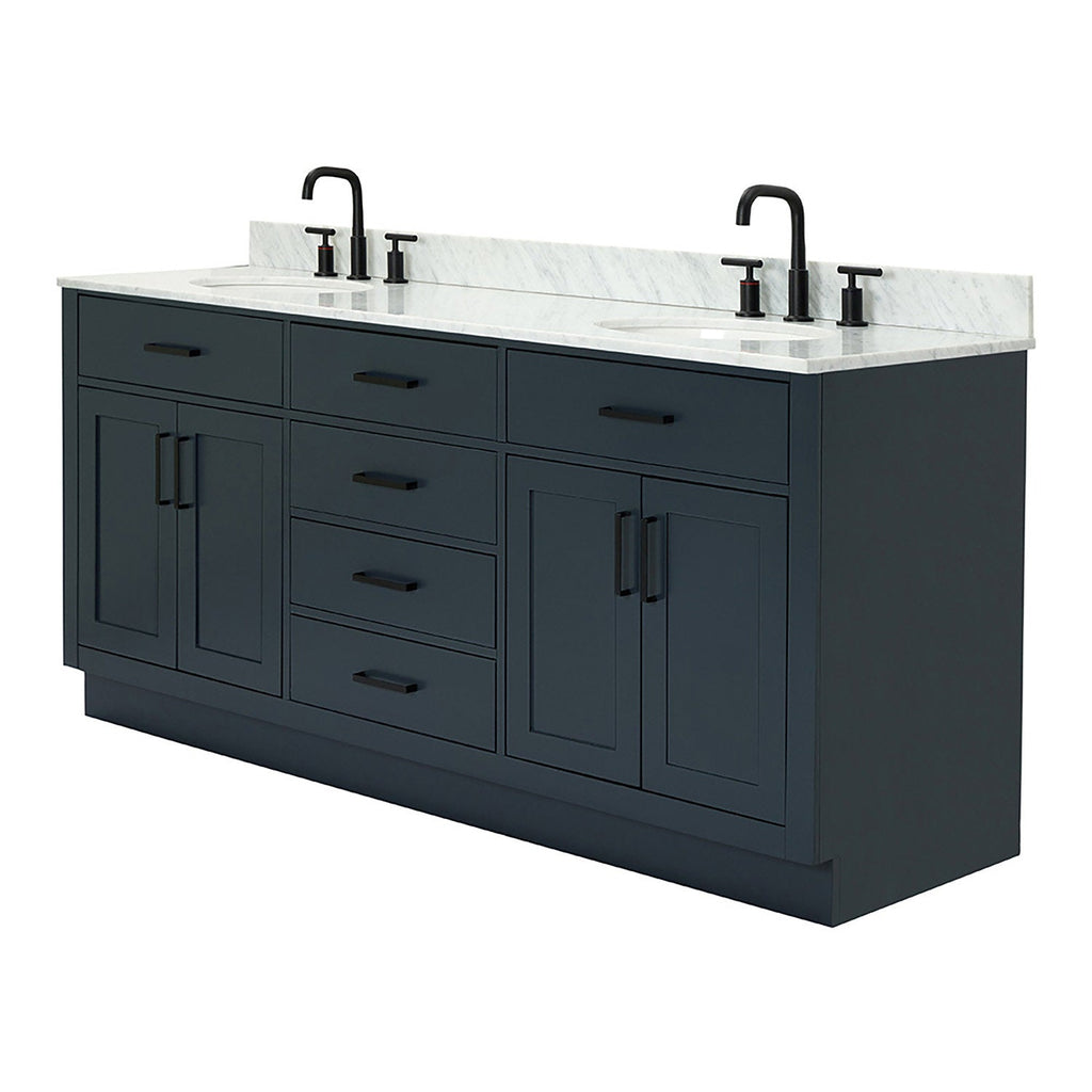 73-inch freestanding solid wood bathroom vanity in black with white quartz countertop and backsplash, two undermount sinks, matte black faucets, and multiple drawers and cabinet storage in a modern style.