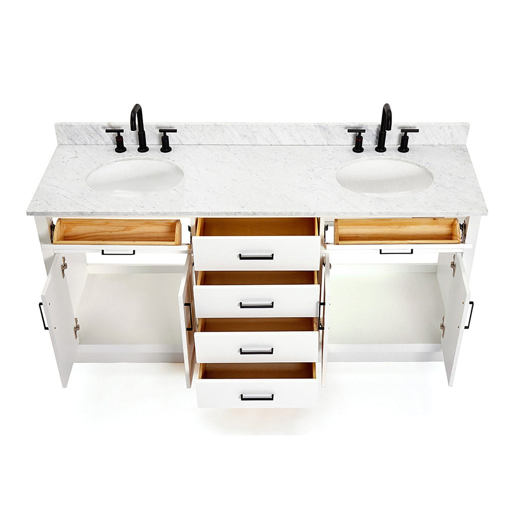 73-inch white solid wood double-sink vanity with Giotto white quartz countertop, two undermount sinks, matte black faucets and hardware, and open drawers and cabinets revealing natural wood interiors.