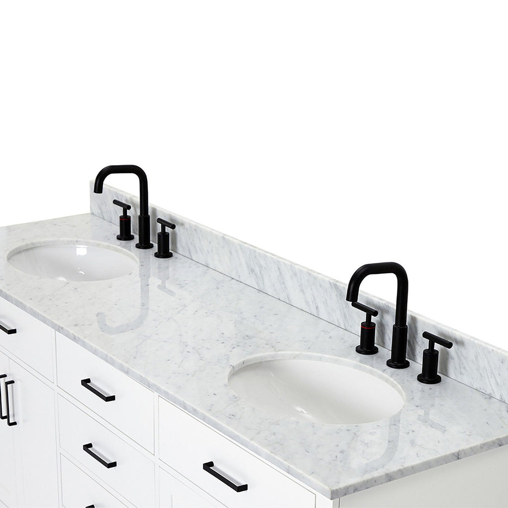 Modern white solid wood bathroom vanity with a white quartz countertop showing gray veining, two undermount ceramic sinks, matte-black widespread faucets and matching black drawer pulls
