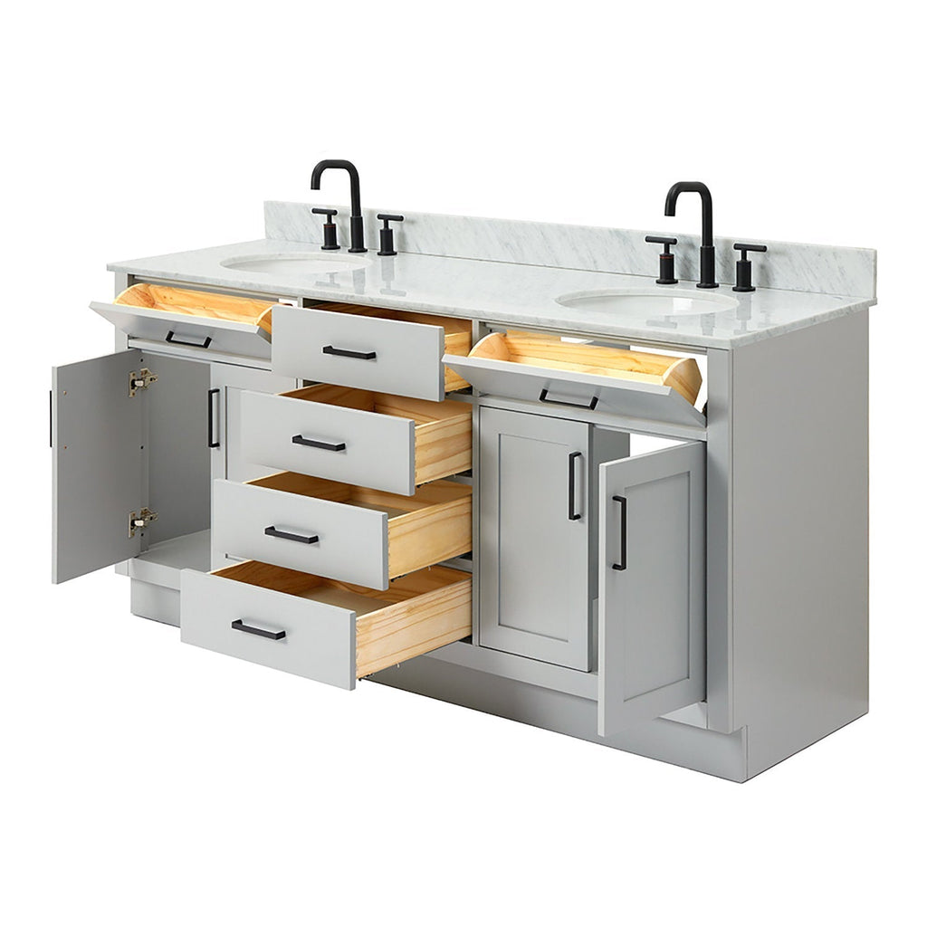 73-inch modern solid wood double-sink bathroom vanity with Giotto quartz countertop, two undermount ceramic sinks, matte black faucets and hardware, gray cabinet with open drawers revealing natural wood interiors.