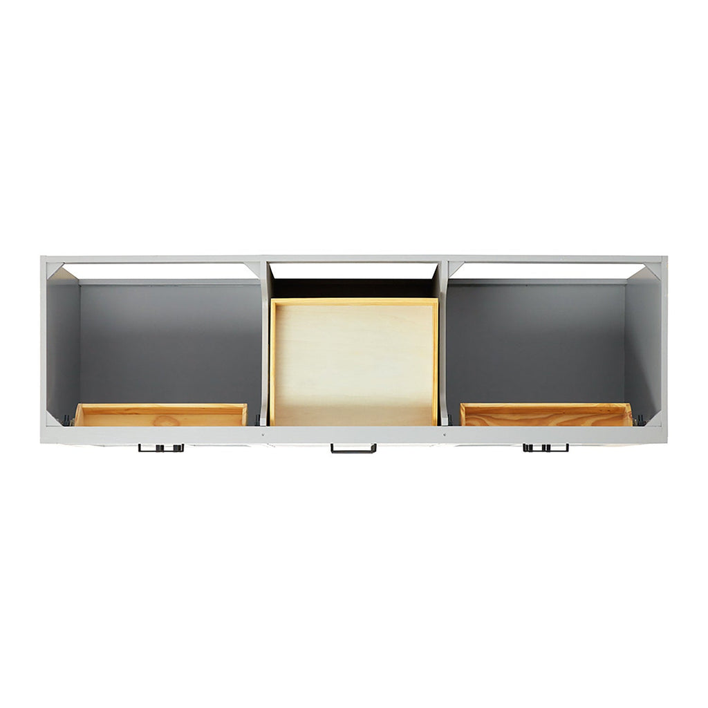 Front view of a 73-inch matte black modern bathroom vanity interior showing three open compartments with light wooden drawer boxes, gray backing panels and a centered black metal pull handle.