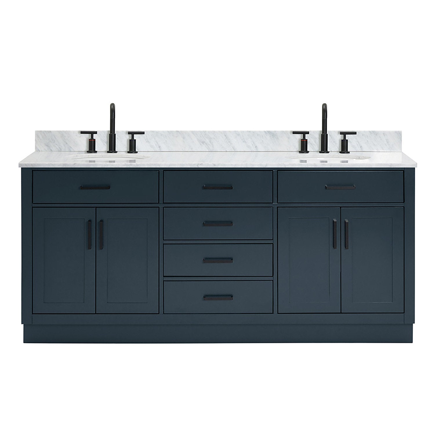 73-inch modern solid wood bathroom vanity in black with a white quartz countertop, two undermount sinks and matte black faucets, shaker-style cabinet doors and multiple soft-close drawers with black bar pulls.