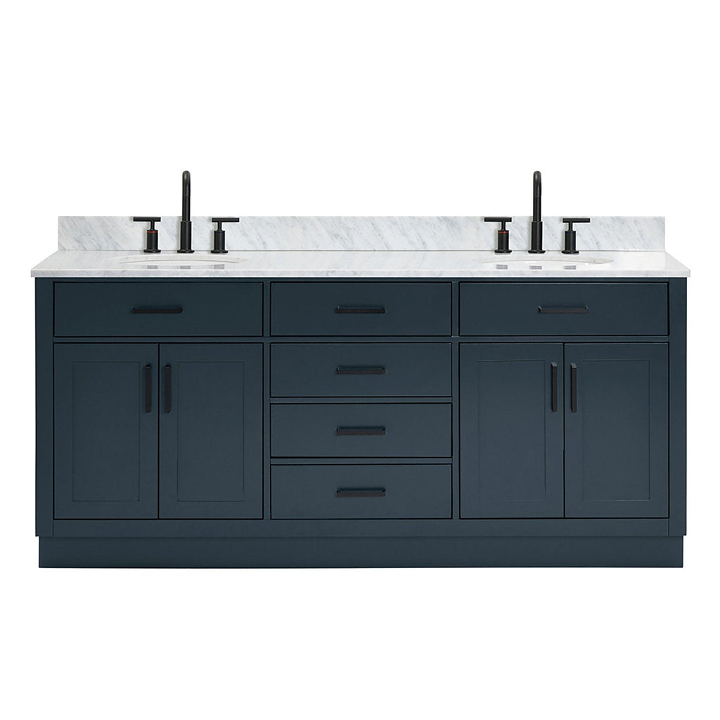 73-inch modern solid wood bathroom vanity in black with a white quartz countertop, two undermount sinks and matte black faucets, shaker-style cabinet doors and multiple soft-close drawers with black bar pulls.