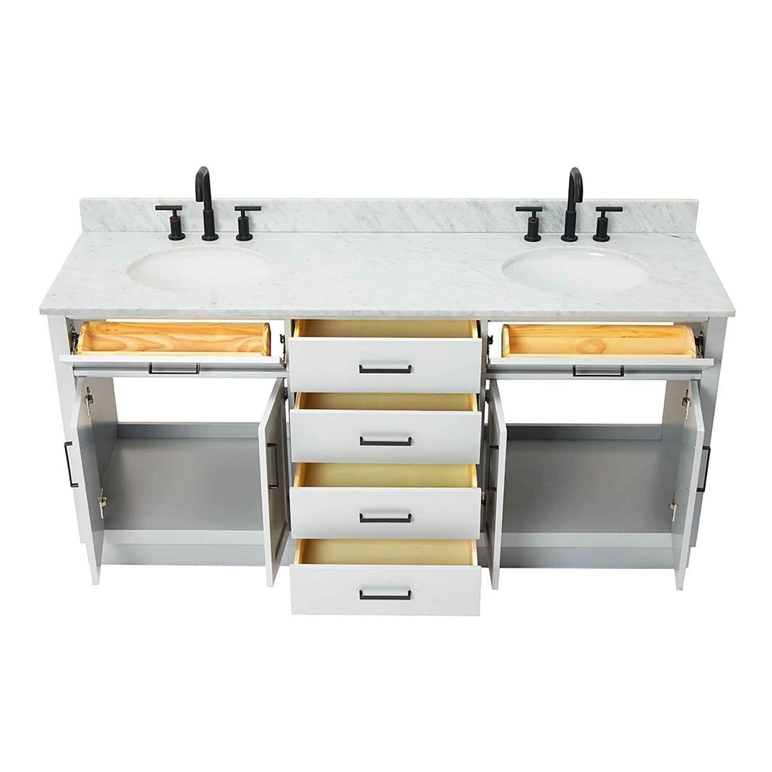 73-inch modern freestanding white solid-wood bathroom vanity with Giotto white-gray quartz countertop, two undermount ceramic sinks, matte black faucets and hardware, drawers and cabinets open showing wood interiors.
