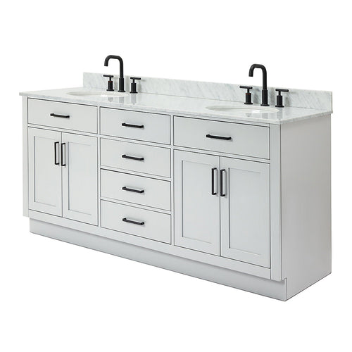 73-inch modern white solid wood double-sink bathroom vanity with white Giotto quartz countertop, two undermount ceramic sinks, and matte black faucets with matching black drawer and door pulls.