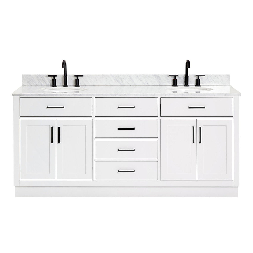 White 73-inch solid wood freestanding bathroom vanity with Giotto quartz countertop, two undermount sinks, matte black faucets and handles, shaker-style cabinet doors and center drawers for storage.