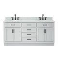 73-inch white solid wood double bathroom vanity with Giotto quartz countertop, two integrated oval sinks, matte black faucets and matching hardware in a modern-contemporary freestanding design.