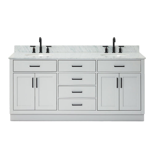 73-inch white solid wood double bathroom vanity with Giotto quartz countertop, two integrated oval sinks, matte black faucets and matching hardware in a modern-contemporary freestanding design.