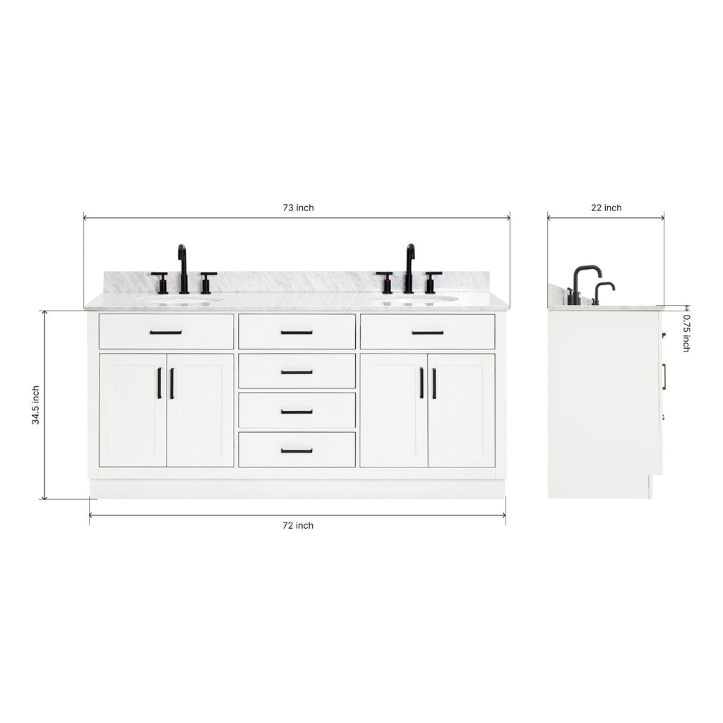 Front and side views of a 73-inch white solid wood bathroom vanity with Giotto quartz countertop, two matte-black faucets, undermount ceramic sinks, black bar handles and labeled width, depth and height dimensions.