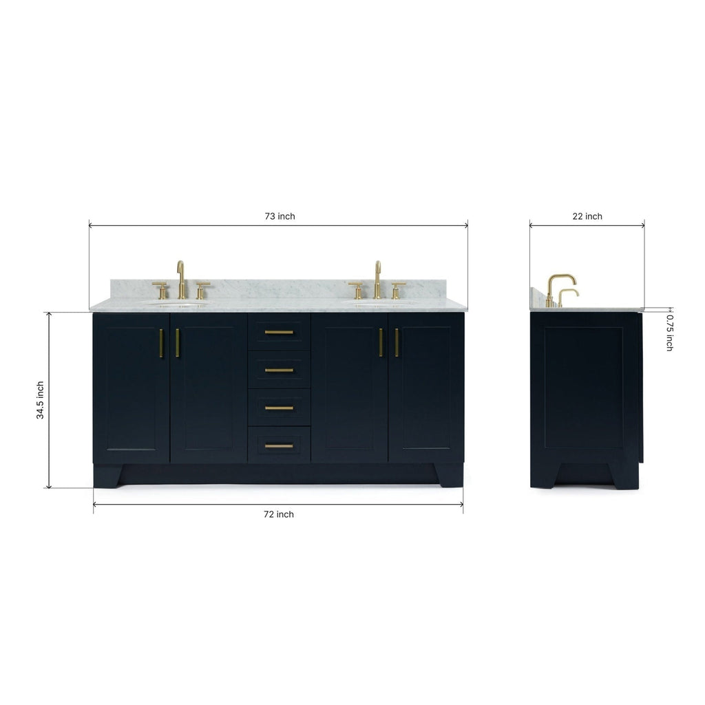 73-inch solid wood bathroom vanity with white stone countertop, dual sinks, and satin-bronze faucets and hardware on a dark wood finish, shown front and side with measurement annotations.