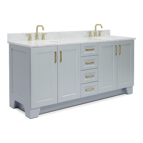 73-inch gray solid wood bathroom vanity with white stone countertop and backsplash, two under-mount oval sinks, satin bronze faucets and matching bronze handles, four center drawers and paneled doors.
