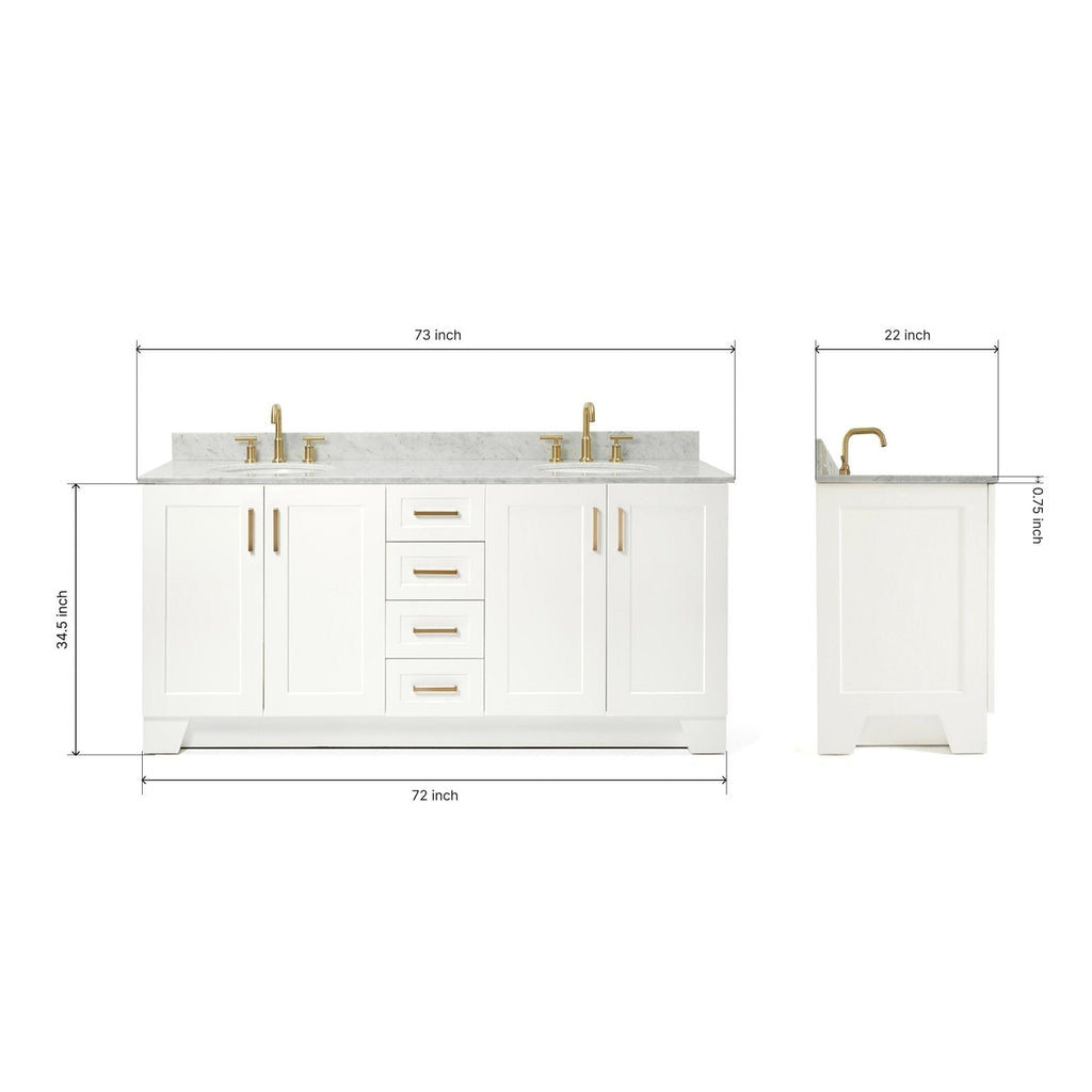 Front and side views of a 73-inch freestanding white solid wood bathroom vanity with a stone countertop, satin bronze faucets and matching bronze hardware, center stacked drawers, side cabinets and dimension lines.