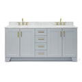 73-inch freestanding solid wood bathroom vanity in light gray with a white stone countertop, two undermount sinks, satin-bronze faucets and pulls, recessed-panel doors and a center column of four drawers.