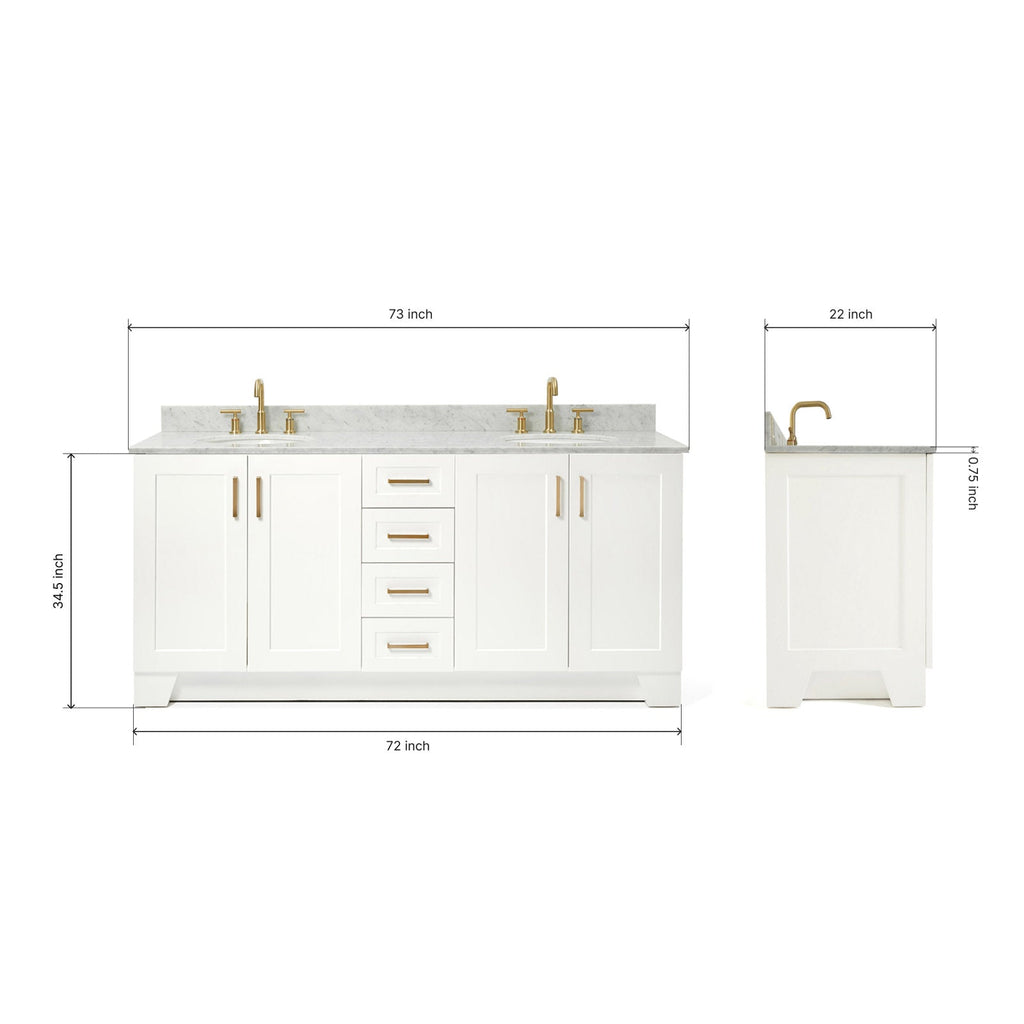 Front and side views of a 73-inch freestanding white solid wood bathroom vanity with a stone countertop, satin bronze faucets and matching bronze hardware, center stacked drawers, side cabinets and dimension lines.