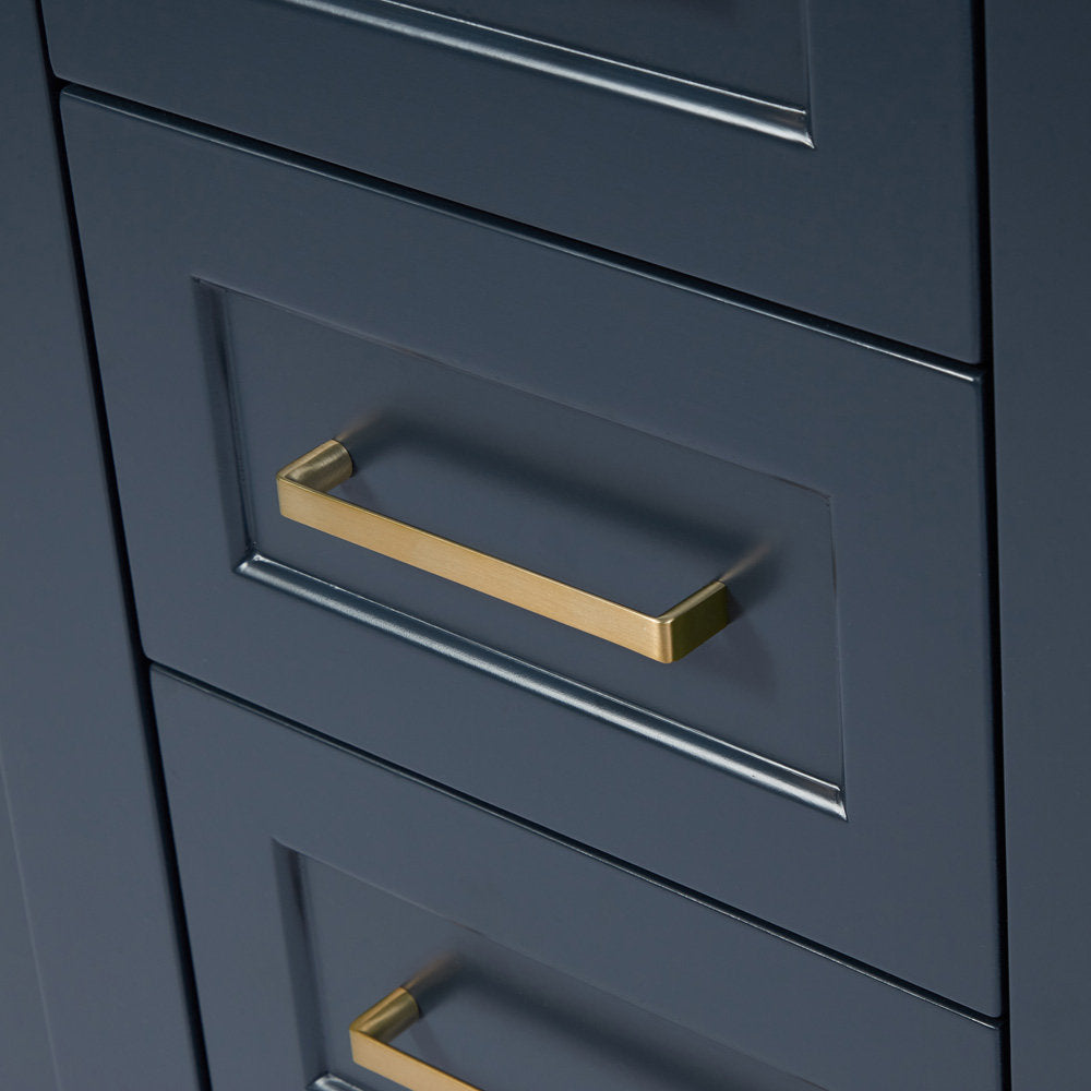 Close-up of solid wood bathroom vanity drawers in a stone-gray finish with recessed-panel fronts and satin bronze rectangular bar pulls in a modern contemporary style.