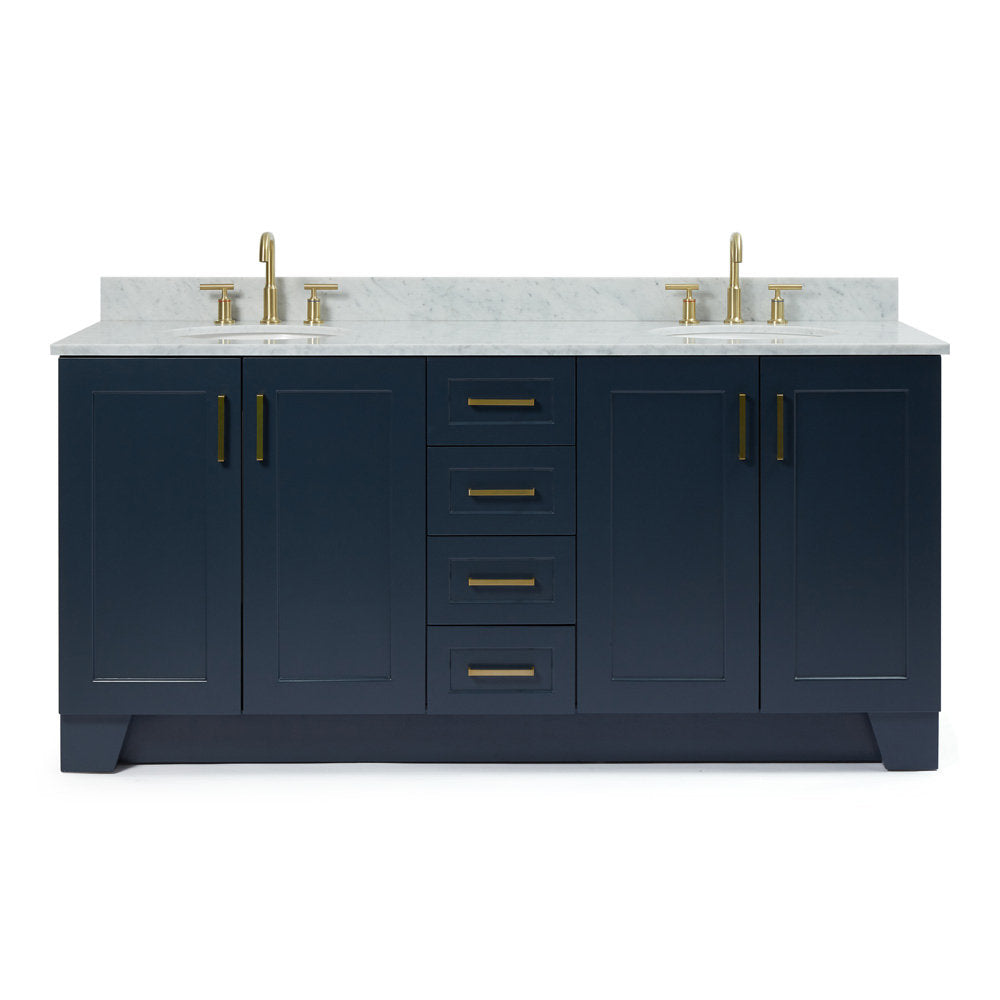 73-inch navy solid wood double-sink bathroom vanity with white stone countertop and backsplash, satin-bronze faucets and hardware, four center drawers and four cabinet doors.