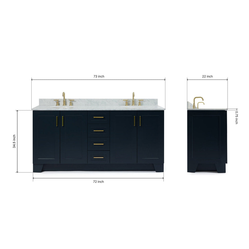 73-inch solid wood bathroom vanity with white stone countertop, dual sinks, and satin-bronze faucets and hardware on a dark wood finish, shown front and side with measurement annotations.