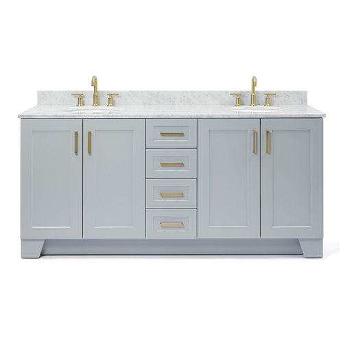 73-inch freestanding solid wood bathroom vanity in light gray with a white stone countertop, two undermount sinks, satin-bronze faucets and pulls, recessed-panel doors and a center column of four drawers.