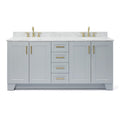 73-inch freestanding solid wood bathroom vanity in light gray with a white stone countertop, two undermount sinks, satin-bronze faucets and pulls, recessed-panel doors and a center column of four drawers.