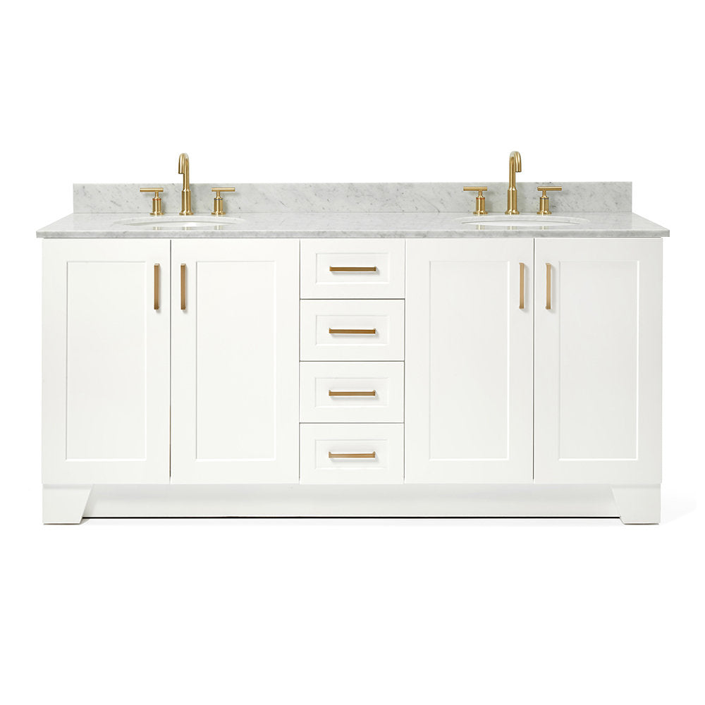73-inch freestanding white solid wood bathroom vanity with stone countertop, two undermount sinks, satin bronze faucets and bar pulls, shaker-style doors and four center drawers.