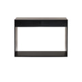 Front view of a modern minimalist console in black mahogany with two slim drawers and an open rectangular base shelf against a white background.